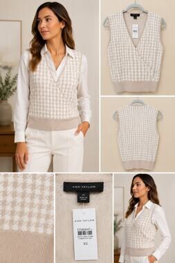 NWT Ann Taylor Houndstooth Sweater Vest XS Beige Wrap Style Cotton Blend